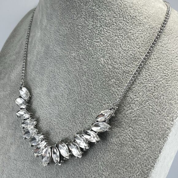 Silver Tone White Glass Marquise Rhinestone Bib Collar Necklace Statement - Picture 3 of 6